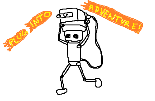 a drawing of chibi robo, a tiny robot, holding his plug above his head and running. above him is the game's tagline, 'plug into adventure'