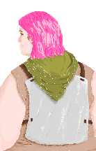 a drawing of a fat white person with short pink hair wearing a tank top with a hood with a simple plate of armor strapped to their back, back to the viewer, looking to the site.