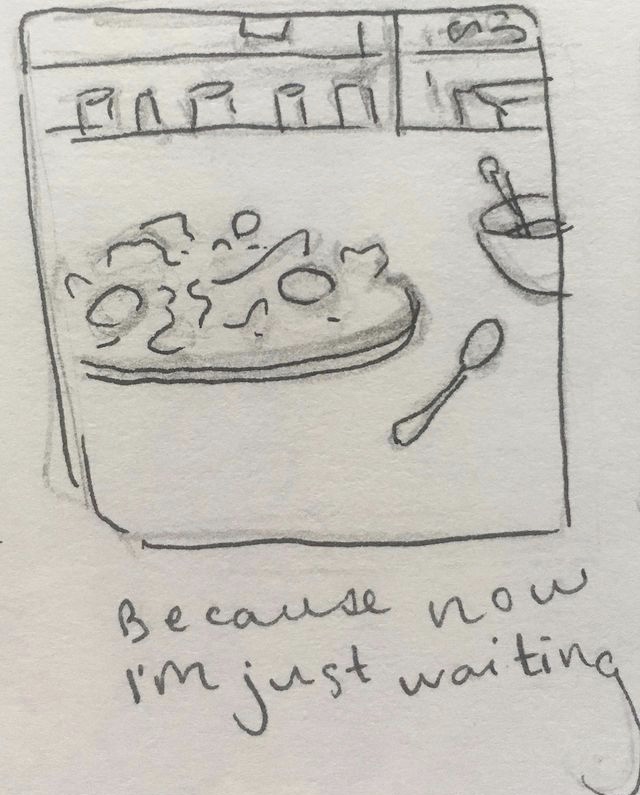 a drawing of a plate with food on it, and a spoon