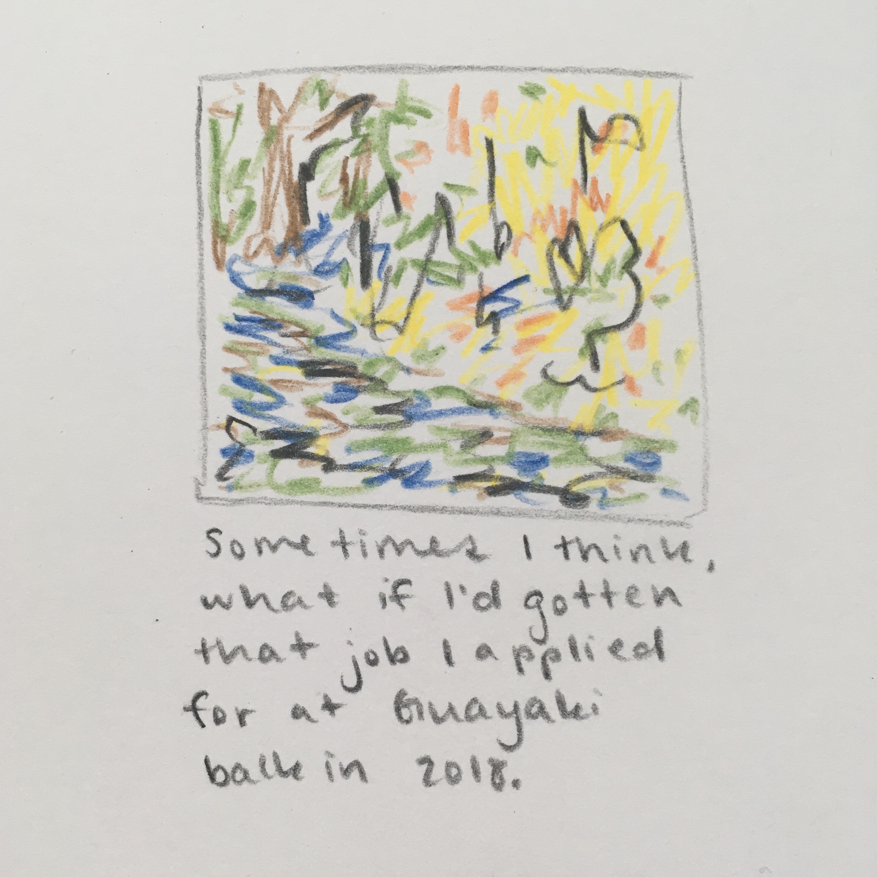a drawing showing a blurry mess of colors vaguely resembling a yellow guayaki can, a river, and a tree.