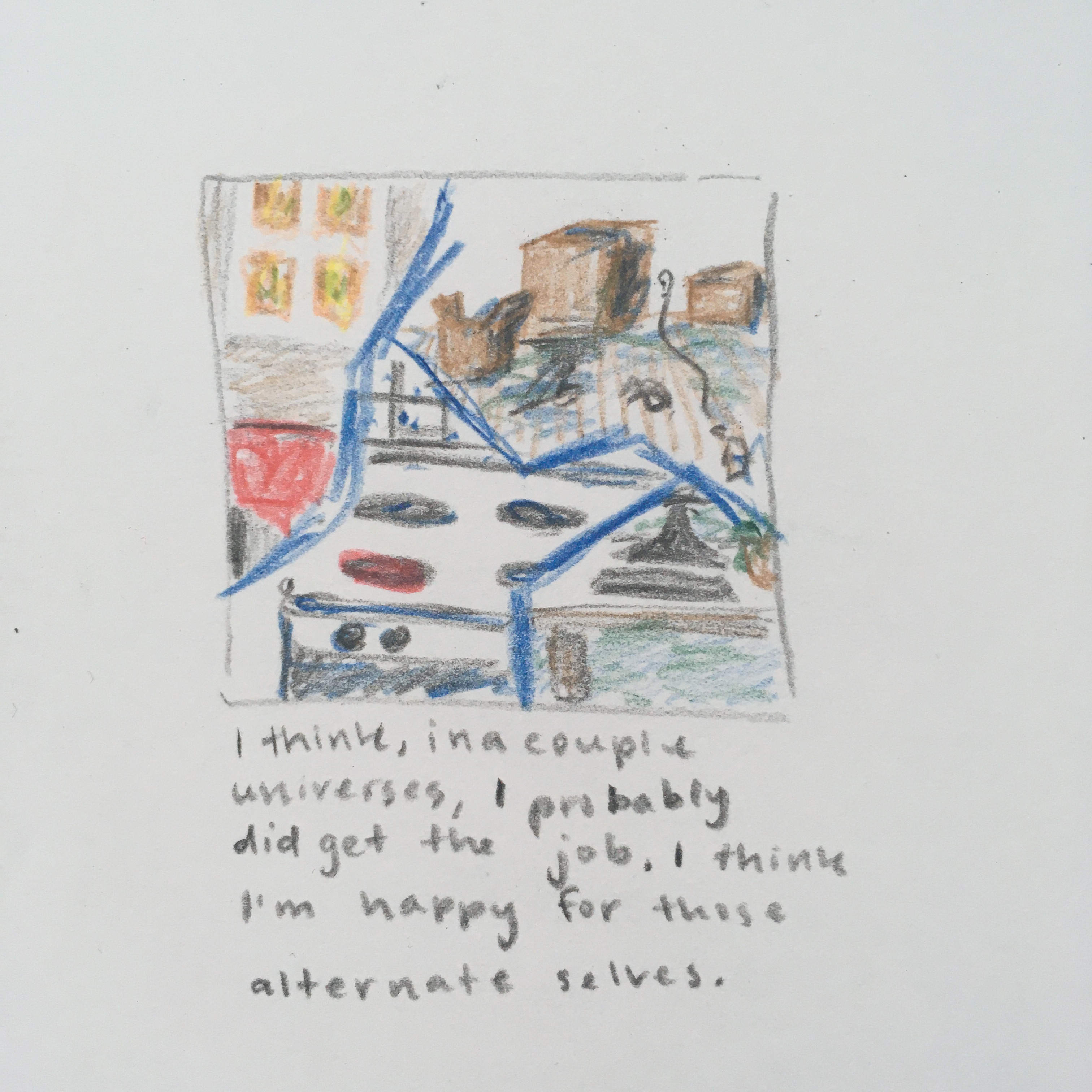a drawing showing 4 scenes, split by blue cracks: a window at sunset, some cardboard boxes on the floor, a stove with one burner on, part of a work desk with a small potted plant on it