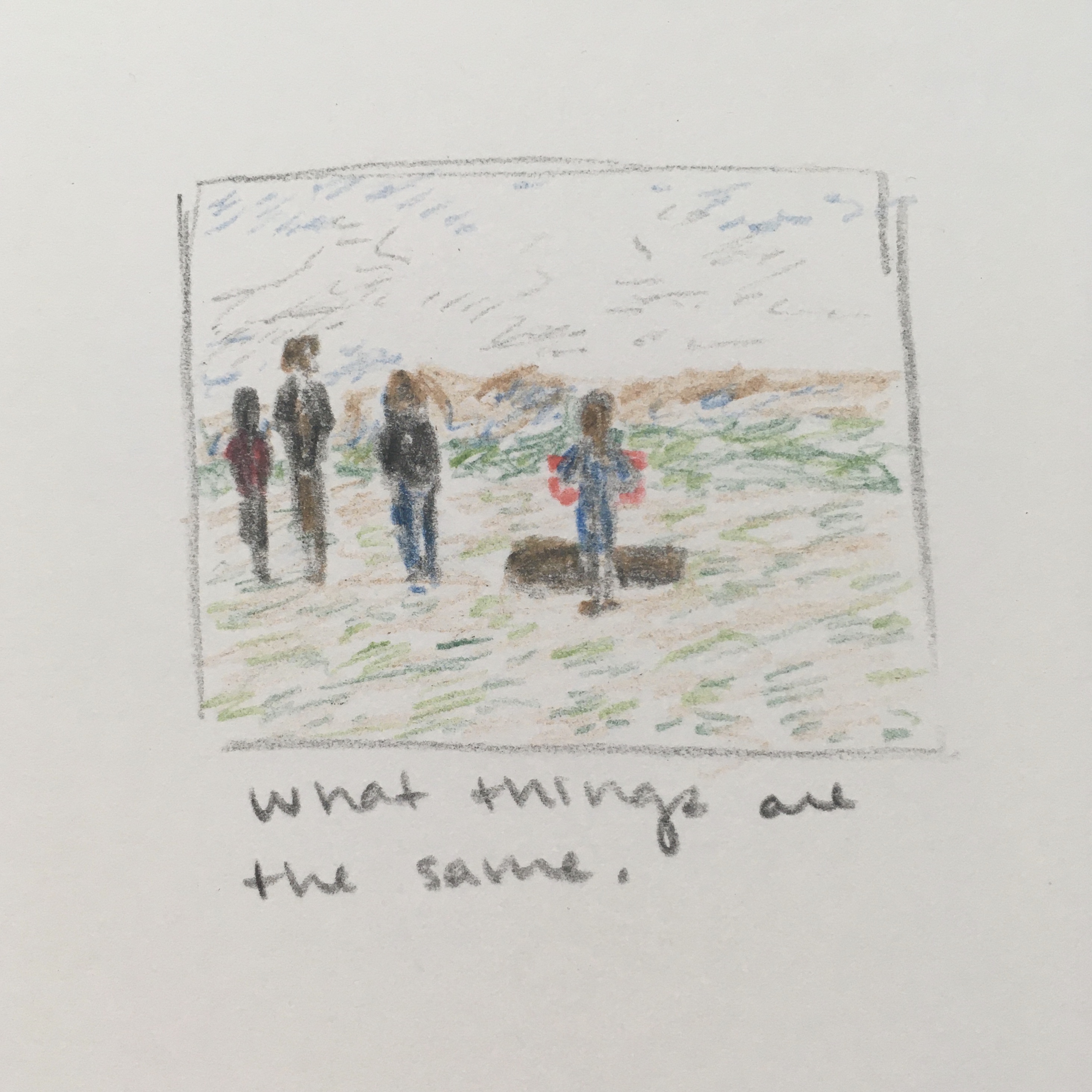 a drawing showing a group of four people standing outdoors, somewhat far away. in front of one figure is a dark shape, left purposefully vague. perhaps a hole, a log, a towel on the ground.