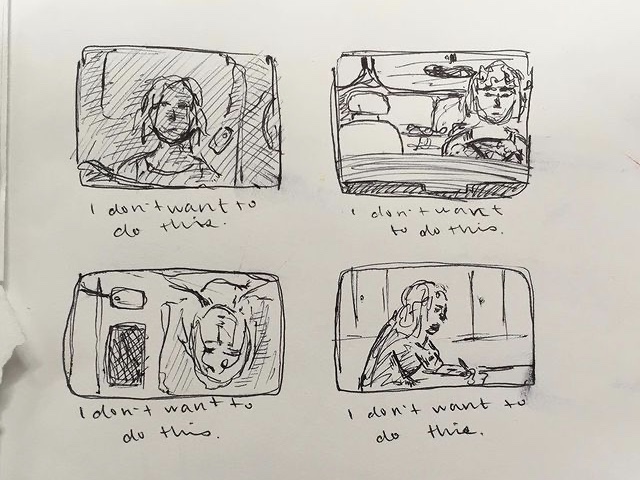 four drawings of somebody going about a routine. in the first, they lie in bed, phone beside them. in the second, they're driving, in the third, they're once more in bed. in the fourth, they're sitting at a table, pen in hand.