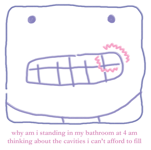 a close-up digital drawing of someone standing in a bathroom barring their teeth. one of the barred teeth has zigzags around it.