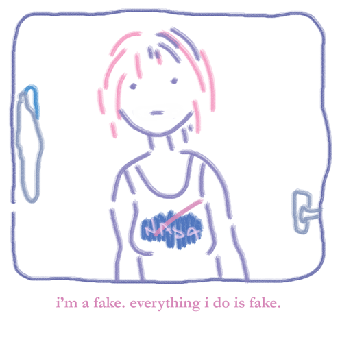 a digital drawing of someone standing in a bathroom, with a neutral expression