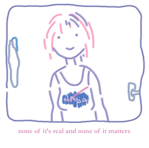 a digital drawing of someone standing in a bathroom, smiling slightly
