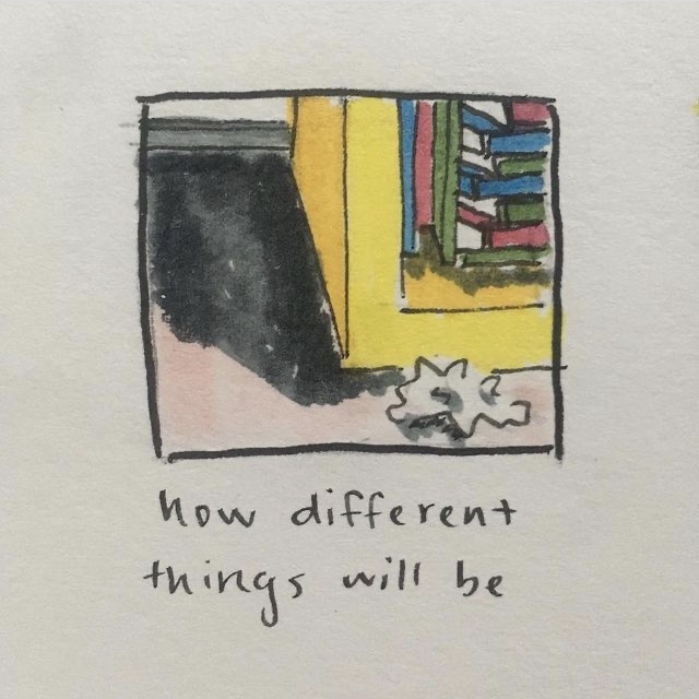 a drawing of the bottom of a bookcase and some trash on the floor