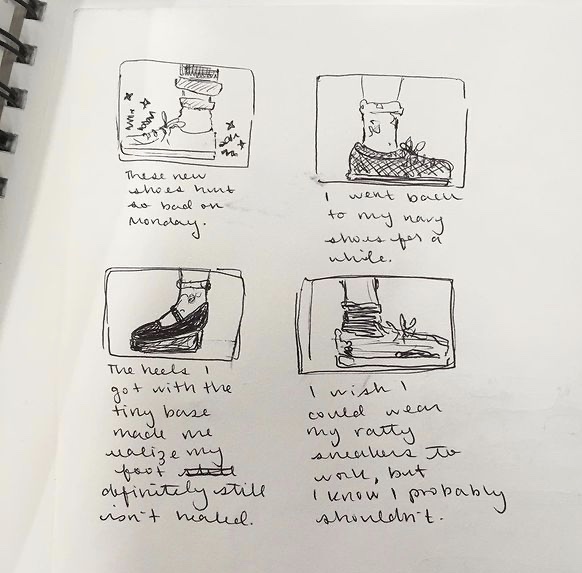 four drawings of shoes. the first shows a sneaker with pain lines radiating out from it, the second shows a dark colored sneaker, the third shows a black heel with strap and small platform base, and the fourth shows a tattered sneaker.