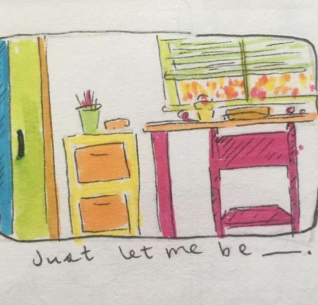 a drawing of a room, showing a desk, some drawers, and a window, colored in neon colors