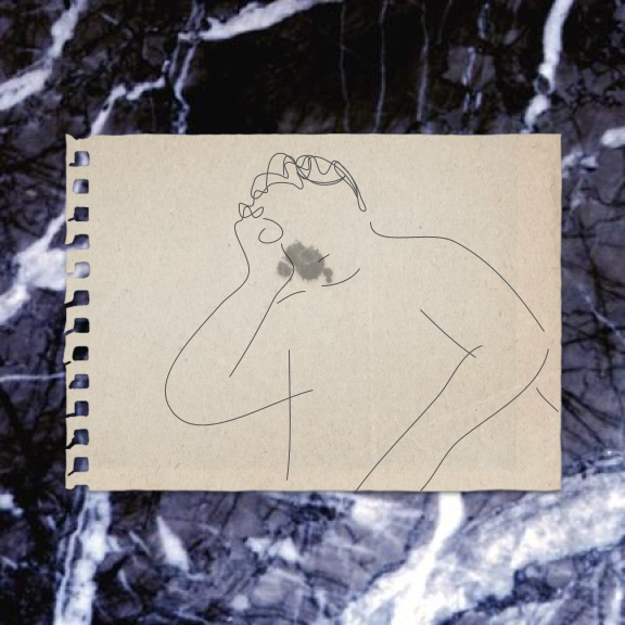 a sheet of paper over a marbled background. on the paper, there is a simple drawing of a person, head resting on their hand, with a dark stain over one side of their jaw.