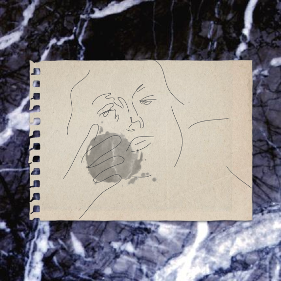a sheet of paper over a marbled background. on the paper, there is a simple drawing of a person, hand touching the side of their face, with a dark stain over one side of their jaw.