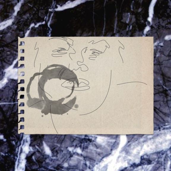 a sheet of paper over a marbled background. on the paper, there is a simple drawing of a person, mouth slightly open, with a dark stain over one side of their face.