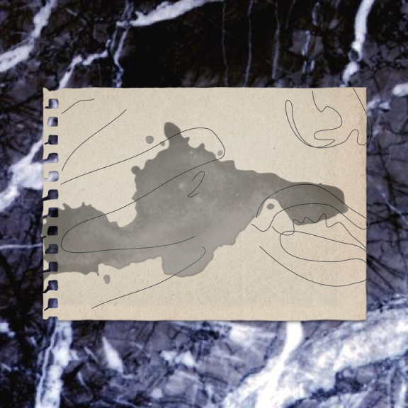 a sheet of paper over a marbled background. on the paper, there is a simple drawing of a person's cheek, hand, and mouth, close up, mouth open slightly, with a dark stain over their face