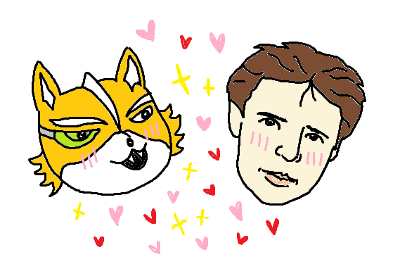 an illustration of fox mccloud and fox mulder, blushing, with hearts and stars around them