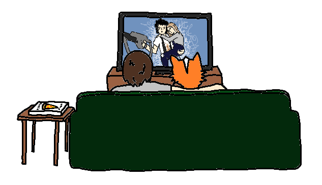 an illustration of fox mulder and fox mccloud, sitting on a couch, facing away from the viewer, watching the movie 'alien' on the tv