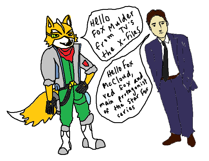 an illustration of fox mccloud and fox mulder. mccloud's speech bubble says 'hello fox mulder from tv's the x-files' and mulder's says 'hello fox mccloud, red fox and main protagonist of the star fox series'