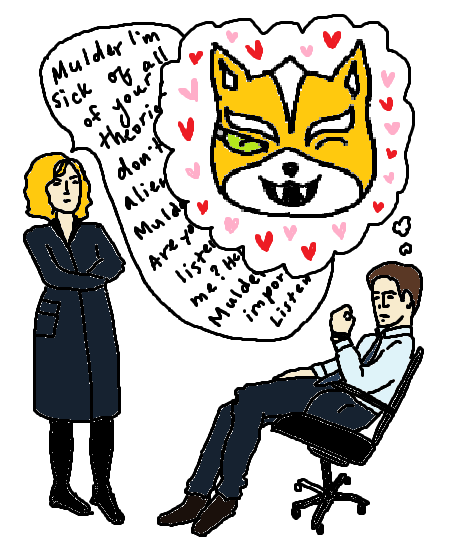 an illustration of fox mulder, sitting and thinking about fox mccloud with lots of hearts around his head. dana scully is standing nearby, talking. her speech bubble is obscured by mulder's thought bubble, but the visible part reads 'Mulder I'm sick of all your theories - don't - alien - Mulder - Are you - listen - me? He - Mulde - import - Listen -'