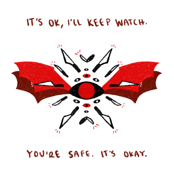 a black and red digital drawing of a biblically accurate angel surrounded in knives, radiating out from it. above it are the words 'IT'S OK, I'LL KEEP WATCH,' and below are the words 'YOU'RE SAFE. IT'S OKAY.'