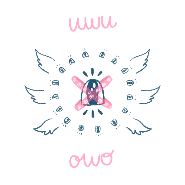 a digital drawing of a pink and blue biblically accurate angel made up of mediocrely-drawn anime eyes. above is is the word 'uwu' and below is the word 'owo'