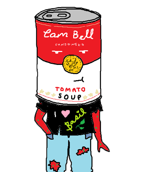 a drawing of a person whose head is a campbell's soup can. they're wearing a shirt that says 'i [heart] basil' and they look angry.