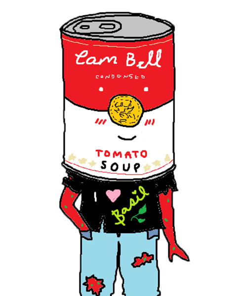 a drawing of a person whose head is a campbell's soup can. they're wearing a shirt that says 'i [heart] basil' and they look happy.