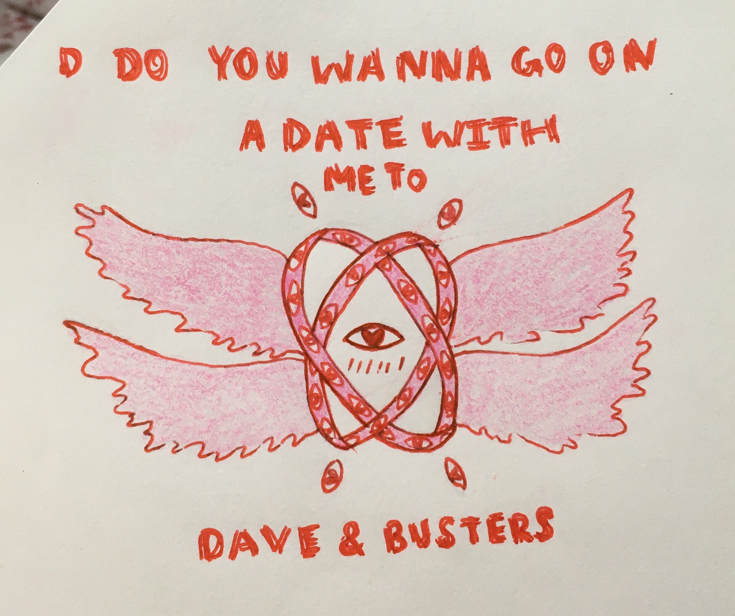 a pink and red drawing of a blushing biblically accurate angel with heart eyes and with text reading 'D DO YOU WANNA GO ON A DATE WITH ME TO DAVE & BUSTERS'