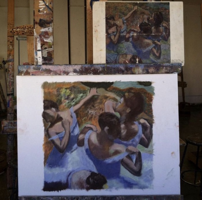 an oil paint reproduction of one of degas' paintings, featuring ballerinas stretching. a print of the original is above the reproduction.