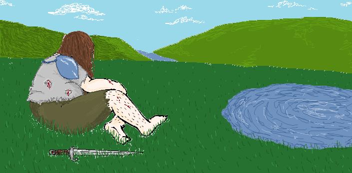 a drawing of a fat white person wearing some light armor with a number of small bloodied cuts on their arms, legs, and torso. they're sitting in the grass, looking out over the hills and valleys in the distance. they are barefoot and seated. a sword sits in the grass beside them.