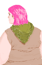 a drawing of a fat white person with short pink hair wearing a tank top with a hood, back to the viewer, looking to the site.