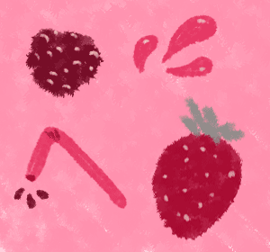 an animation of a blackberry, a strawberry, a straw, and some drops of juice
