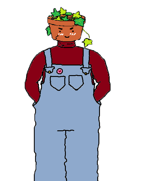a drawing of a person whose head is a pot with ivy in it. they're wearing overalls and they are smiling.