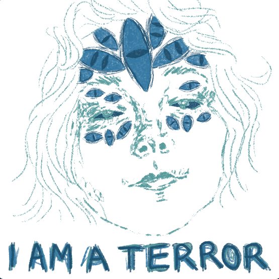 a blue digital drawing of violet as a biblically accurate angel. she is looking at the camera, has a bob, and has many eyes of varying sizes all over the top half of her face. some of the eyes have multiple pupils. below her face are the words, messily written, 'I AM A TERROR'