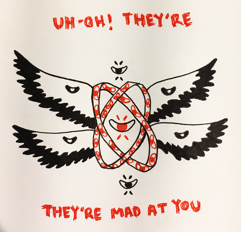 a black and red ink drawing of an angry biblically accurate angel with text reading 'UH-OH! THEY'RE THEY'RE MAD AT YOU'