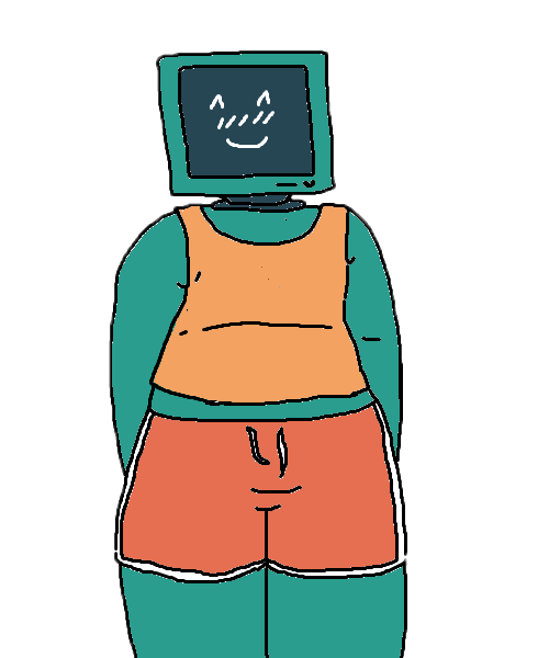 a drawing of a person whose head is a computer monitor. they're wearing shorts and a tank top and they're smiling.