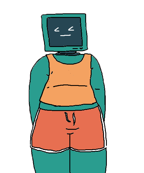 a drawing of a person whose head is a computer monitor. they're wearing shorts and a tank top and they're looking back and forth. the image is animated, with their eyes shifting.