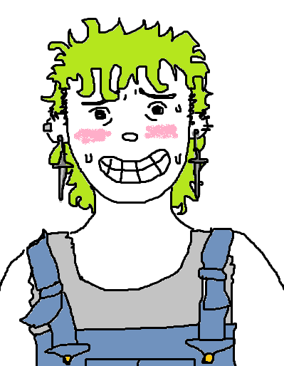 a drawing of violet wearing overalls and sword earrings. she is sweating and looks nervous. she has a lime green mullet.