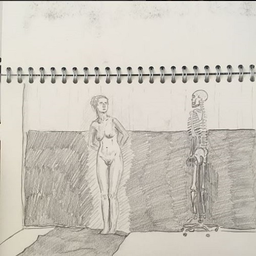 a pencil drawing of a naked person standing, leaning against a wall, looking at a skeleton