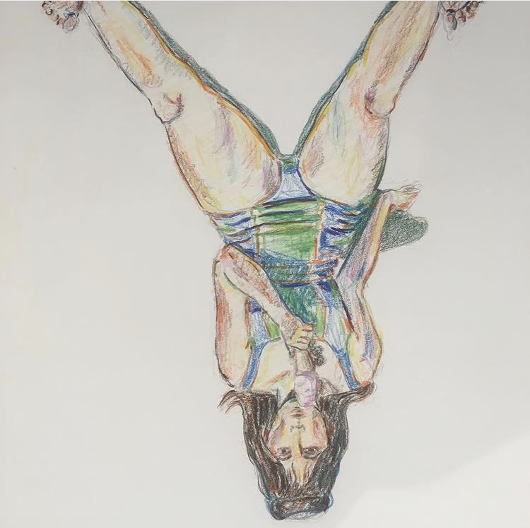 a colored pencil drawing of a person sitting, eating ice cream. drawing is upside down.