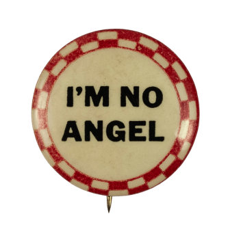 an image of a pin that reads i'm no angel with a red checkerboard border