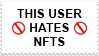 A stamp-shaped gif that reads This user hates NFTs, and then shows multiple unhappy or angry or negative emojis and reads Crypto is Cringe.
