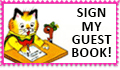 a stamp-shaped gif showing one of the Richard Scarry's drawings of a cat, writing a letter, with slowly flashing text reading Sign my guest book!