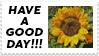 A stamp-shaped gif of a sparkling sunflower with the text Have a good day!!!