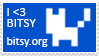 a stamp-shaped image that reads I <3 BITSY, and bitsy.org, with a simple pixel-art cat to the right of the text