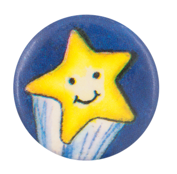 an image of a pin that features a drawing of a smiling shooting star