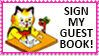 a stamp-shaped gif showing one of the Richard Scarry's drawings of a cat, writing a letter, with slowly flashing text reading Sign my guest book!