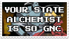 A stamp-shaped gif showing multiple still images from the anime Fullmetal Alchemist. Overlaid atop the images is text reading Your state alchemist is so GNC